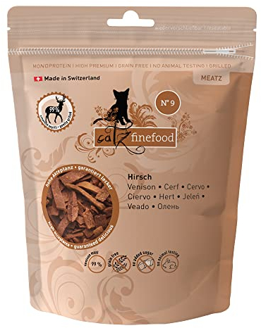 catz finefood Meatz Katzen Leckerlies Hirsch N° 9 - knusprige Streifen aus Hirschfleisch - gegrillt und getrocknet - Katzensnack ohne Zucker, getreidefrei, 45g
