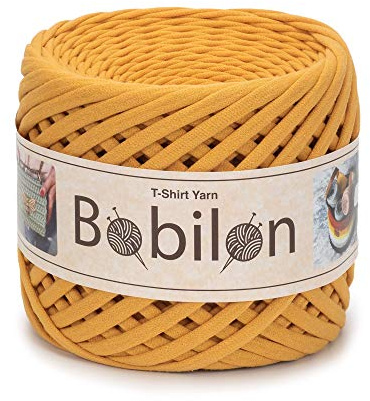 T-shirtgarn i fettuccini-stil, 7–9 mm, trikågarn för virkning och stickning, ekologiskt t-garn, makramégarn, bandgarn i 100 % bomull, jerseygarn, mustard (senapsgul).