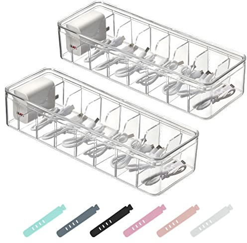 MINISOISO 2 Pezzi Scatola di Immagazzinaggio per Cavi Dati,Scatola Organizer per Cavi Usb,Organizzatore di Cavi con 24 Fascette,16 Scomparti,per Famiglia，Iscrivania, Ufficio.