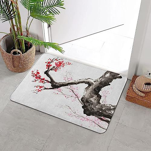 ERICAT Badteppich rutschfeste,Rote altchinesische traditionelle Tuschemalerei Pflaume r,Wasserabsorbierend Badematte maschinenwaschbar Badvorleger für Dusche,Badewanne,40x60cm