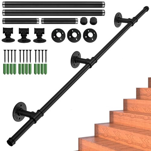 Stair Rails and Handrails 2M/6.6FT Magtctyae Stairs Handrail Kit Wall Mounted Non-Slip Stairs Handle Supports Black Handrail for Stairs Indoor Outdoor Safety Staircase Railing Exterior Handrail