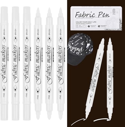mellystore Textilstifte Waschmaschinenfest Weiß 6 Stück Dual Tip Textilmarker, 1-5mm Stoff Stifte Waschfest, Textilstift Weiß, Ungiftige Textilfarbe Stoffmalstifte für T-Shirt Stoffbeutel Textilien