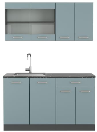 Vicco Singleküche R-Line, Blau-Grau, 140 cm ohne Arbeitsplatte, zur flexiblen Erweiterung mit weiteren Modulen geeignet
