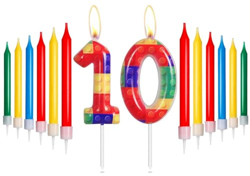 mciskin Bloques de Construcción Velas de Cumpleaños Temáticas - Velas Número 10 para Pastel, Rojas, Amarillas, Verdes, Azules