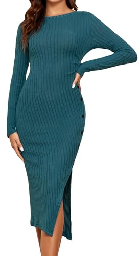 Famulily Ladies Button Long Sleeve Knit Dress Comfy Stretchy Tunic Sweater Dress Crewneck Winter Long Sleeve Tops Green S