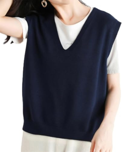 Pull en tricot ultra-doux à col en V pour femme, sans manches, couleur unie, bleu marine, M