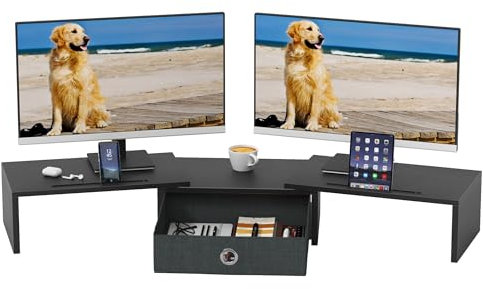 OYRREU Monitor ErhöHung Schreibtisch, Monitorständer mit Schublade BildschirmerhöHung 2 Monitore Monitor Ständer Holz, Monitor Riser TV PC Monitor Stand(Schwarz, 99 x 23,6 x 15,5 cm)