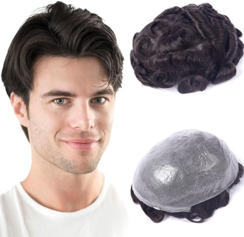Prosa Toupee hair for men 8 X 10 inch 0.04mm 100% human hair 120% Medium light to Medium density 1b#, Toupee For Men Hair Piece Real Human Hair Replacement System, (1B 8X10 0.04mm)