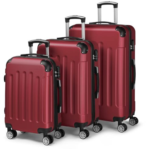 LEADZM Kofferset 3 teilig, Reisekoffer Set mit Eckenschutz, Koffer Set Hartschalen-Trolley aus ABS mit Teleskopgriff, Handgepäck (Burgunderrot)