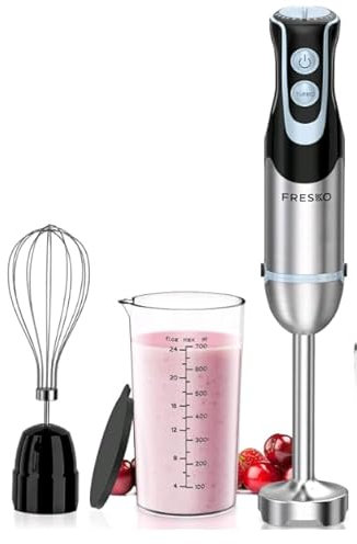 FRESKO 4-in-1 Stabmixer, 1000W Pürierstab Edelstahl, 12 Geschwindigkeiten und Turbo, inkl. 500ml Lebensmittelhacker und 700ml Messbecher, für Babynahrung, Suppen, Smoothies, Weiß