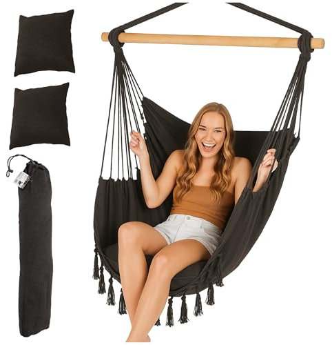 Campela Hängesessel Boho – Weiches Sitzgefühl mit 2 Kissen & Tasche – Für Wohnzimmer, Balkon & Garten – 120 x 90 cm, 150 kg, Baumwoll-Mix Grau