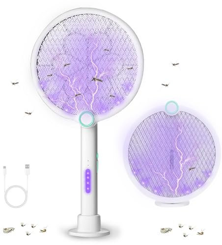 PATEMZON Raquette Moustique Electrique Détachable, Raquette Electrique Insectes 4000V, 2 en 1 USB Rechargeable Tapette à Mouches Electrique avec Base et Lampe UV Anti Moustique, 1200mAh