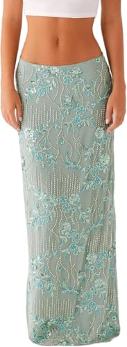 LLECDASEUI Donne Y2k Paillettes Gonna Lunga Scintillante Perline Floreale Maxi Gonna Strass Glitter Midi Gonna Streetwear (Verde,S)