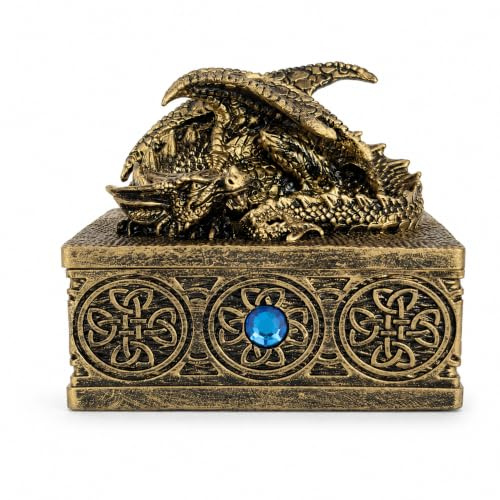 KINBENNOBLE Antique Brass Dragon Jewellery Box Celtic Resin Trinket Box | Celtic-inspired resin dragon box with lift-off lid, antique brass-effect finish and blue crystal stone accent.
