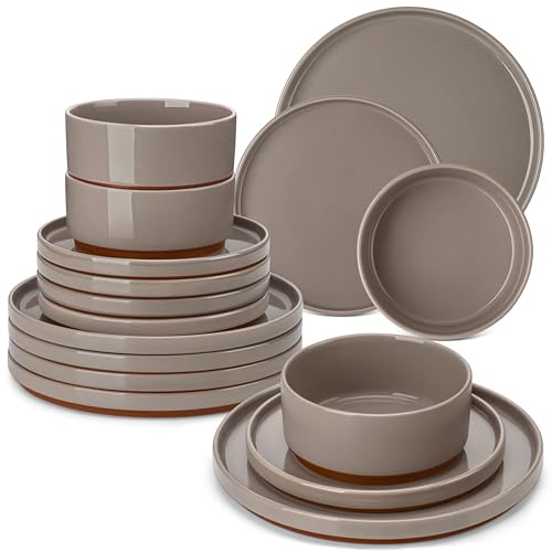 MALACASA Assiettes Service de Table 6 Personnes, 18 Pièces Set Vaisselle avec Assiettes Plates, Bols à Céréales, Lavable au Lave-vaisselle et Micro-ondes, Marron - Série LEAH