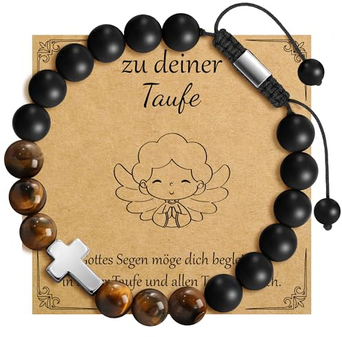 RMMD Bracelet Cadeau pour baptême, communion, confirmation pour garçon - Bracelet croix avec oeil de tigre, cadeau d'anniversaire pour fils, cadeau d'anniversaire pour garçon, petit-fils, No Gemstone