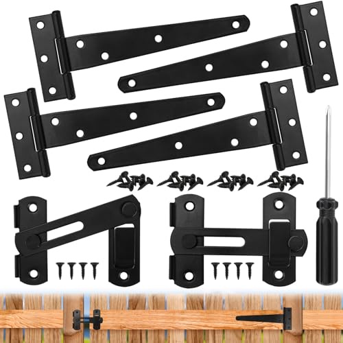 Türriegel Schwarz und Türscharniere für Holztüren,4 Stk 6” T Scharniere Klappbar und 2 Türriegel Außen 180° Klappbar mit 36 Schrauben,Schraubendreher,T-Scharniere Schwerlast für Gartentüren,Fenster