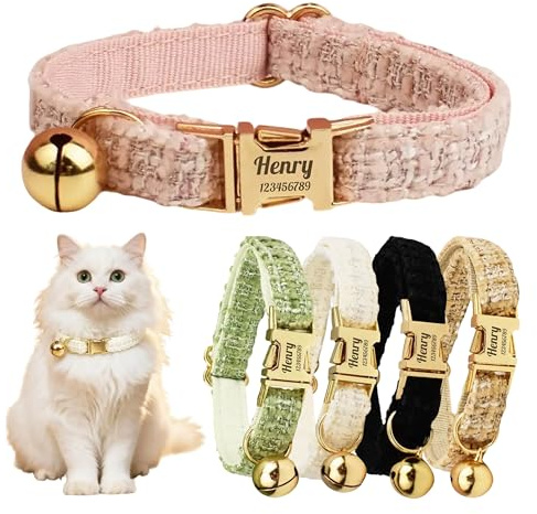 Collar para Gatos Personalizado con Cierre de Seguridad y cascabeles, Gargantilla para Gatos con Placa de Nombre y número de teléfono, Ajustable, de Terciopelo, Disponible