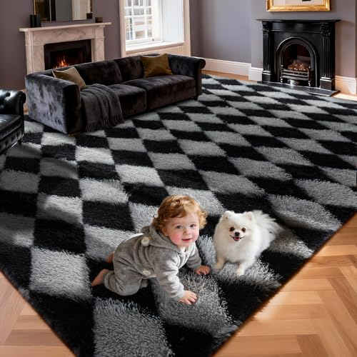 LZNIOZ Large Rugs Living Room 160 x 230 cm - Shaggy Checkered Carpet | Soft Fluffy Rug, Shaggy Rugs with Machine Washable Non-Slip Design for Bedroom, Nursery and Kids Room