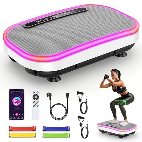 Pedana Vibrante, Pedana Vibrante Dimagrante con Banda di Resistenza, 9 Modalità Regolabili, 1-120 Livelli Di Intensità, Supporto Bluetooth, Telecomando, Schermo LED, Capacità di Carico 150KG (Bianco)
