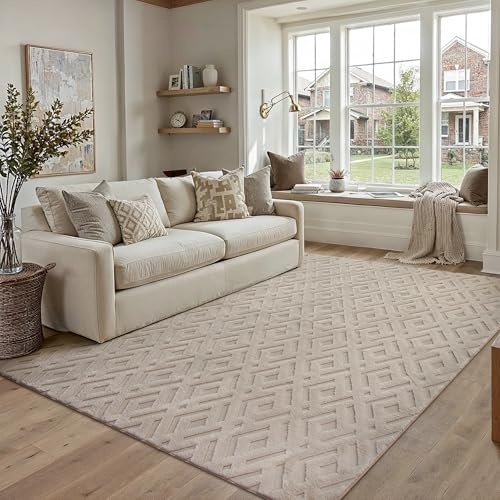 PureCozy Beige Rugs Living Room 200x300cm Bedroom Large Area Rug Washable Fluffy Faux Fur Non Slip Modern Carpet Lounge Dining Room Office Soft 3D Effect Diamond Geometric