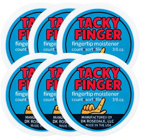 Tacky Finger Fingertip Moistener – Office Grip Aid for Counting, Sorting & Filing (Pack of 6) – Odorless Non-Toxic Gel, Non-Slip Base, Easy-Open Lid