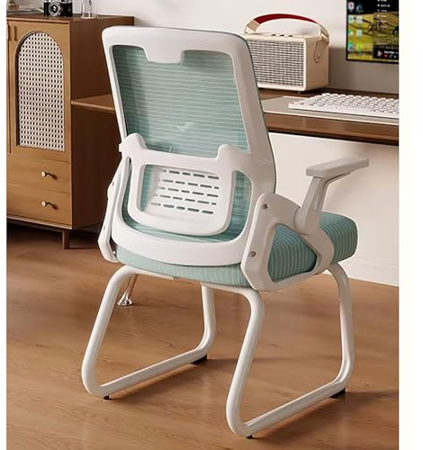 Ergonomisk kontorsstol i mesh Med slädeunderrede Besöksstol for kontor Med ryggstöd Lämplig for konferensrum, sovrum, väntrum och receptioner(Green+white frame)