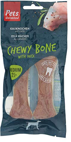 Rosewood Chewy Bones - Kauknochen mit Entengeschmack für mittelgroße Hunde - Rinderhaut-Kauleckerlis mit Ente, Zahnpflege, Getreide- und Glutenfrei, Ohne Künstliche Zusätze, 80 g