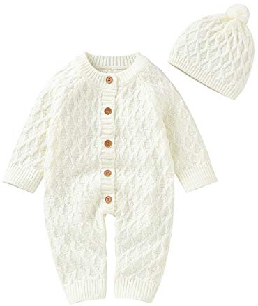 DovFanny Baby Boys Girls Romper Suit Lovely Solid Color Knit Jumpsuit Cute Casual Long Sleeve Winter Warm Outfit Clothes with Hat for Newborn Baby 0-3 Months
