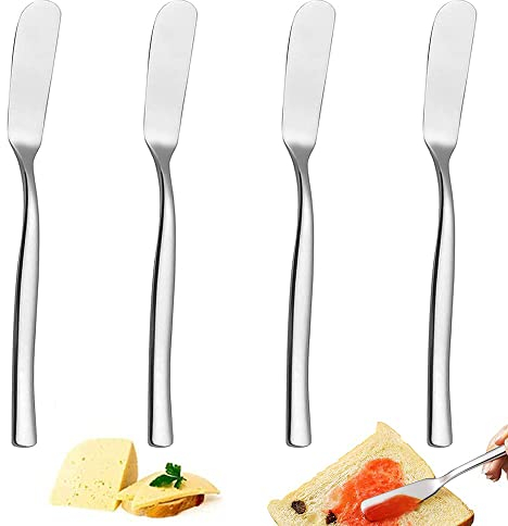 SDFSA 4 Pezzi Coltello da Burro, Spalmatore di Burro, Coltelli da Spalmatore di Burro, Acciaio Inossidabile Altamente Lucidato Spalmatori di Formaggio per Gelato, Burro, Panini, Formaggio (Argento)