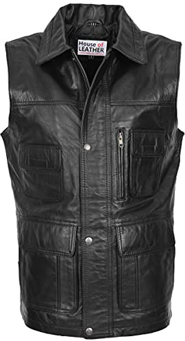 Mens Real Leather Gilet Vest Multi Purpose Waistcoat Roger Black (XL)