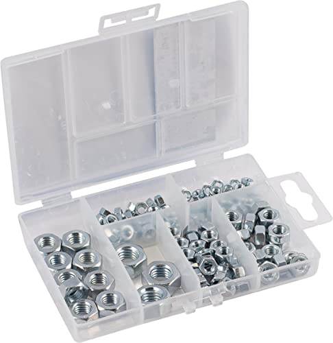 Connex DP8500112 - Tuercas hexagonales (150 piezas, varios tamaños (M3, M4, M5, M6, M8, M10), galvanizadas, preclasificadas en práctica caja de plástico, tuercas de seguridad, caja surtida