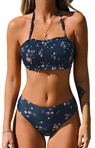CUPSHE Ensemble bikini dos nu bandeau volants bretelles amovibles motif floral smocké maillot de bain deux pièces bleu marine floral M