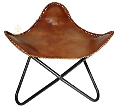 PARRYS LEATHER WORLD - Brown Leather Butterfly Chair Stool Handmade Leather Ottoman Iron Frame Furniture Stool Living Room Comfortable Footrest Foot Stool - Lounge Office Stool