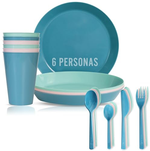 Mypicompany. Vaisselle Camping 36 Pièces Dans Les Tons Pastel. Assiette Plastique Reutilisable+Gobelet Plastique Reutilisable+Couvert En Plastique Pour 6 Personnes Adaptée Au Lave-vaisselle