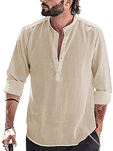 YAOBAOLE Chemise Lin Homme Manches Longues Été Mao Décontractée Henley Shirts de Plage Classique