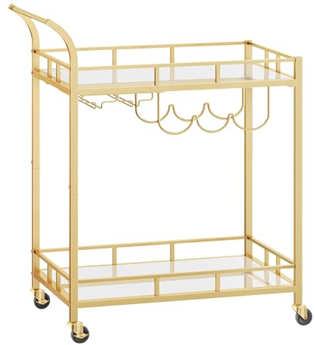 VASAGLE Servierwagen, Rollwagen, Gläserhalter, 2 verspiegelte Glasablagen, Barwagen, Weinwagen, für Küche, Esszimmer, Bar, goldfarben LRC092A62