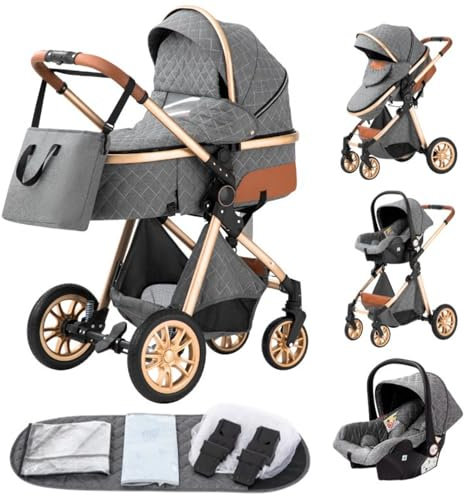 YAZOCO kinderwagen 3 in 1,Kombikinderwagen reisesysteme mit tragbar Wickeltasche Moskitonetz Regenschutz Fußsack, Zusammenklappen, Liegeposition Hohe Landschaft (4 grau)