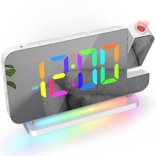 ThreeH Projektionswecker LED RGB Bunte Uhr mit Spiegeloberfläche Display Auto Dimming Voleme einstellbar Dual USB Ladeanschlüsse Nachtlicht Weiß