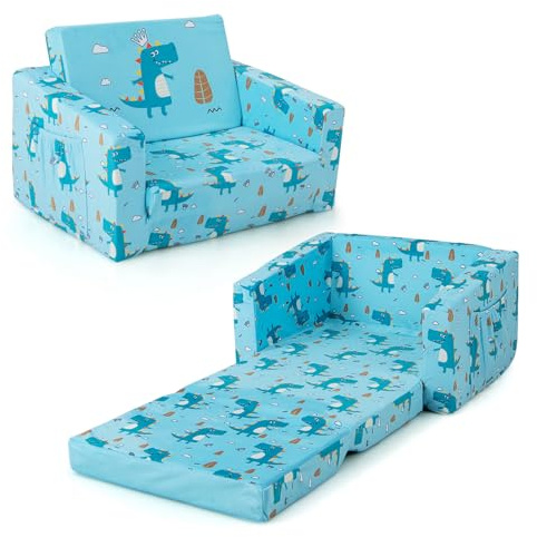 COSTWAY 2-in-1 Convertible Kids Sofa Chair, Flip Out Children Sofa to Lounger Bed with Soft Velvet Fabric & Convenient Side Pockets, Kids Furniture Toddler Couch Sleeper for Bedroom Playroom