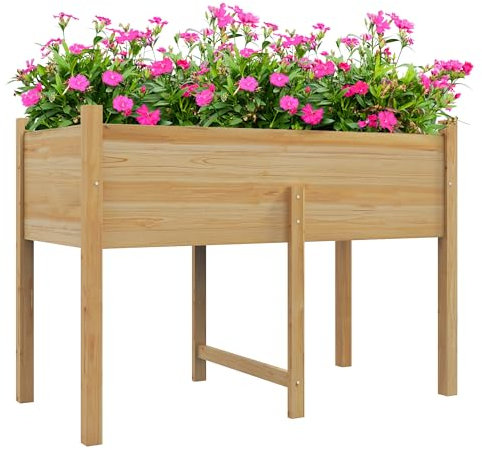 Outsunny Orto Rialzato con 2 Fori di Drenaggio e Sacca in Tessuto non Tessuto, Fioriera in Legno di Abete per Giardino e Balcone, 115x55x80 cm, color Legno