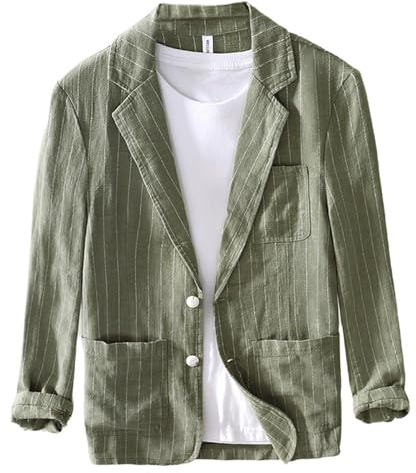 GIBZ Giacca da Uomo Blazer in Lino Casual a Righe Jacket Sportivo Leggero a 2 Bottoni Elegante con Tasche per Estate Primavera, Verde, M