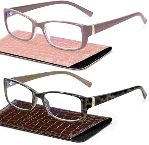 Madison Avenue 2 Pack Classic Blue Light Blocking Reading Glasses for Women, Vintage Anti Glare/Eyestrain Computer Readers Demi/Purple +2.5