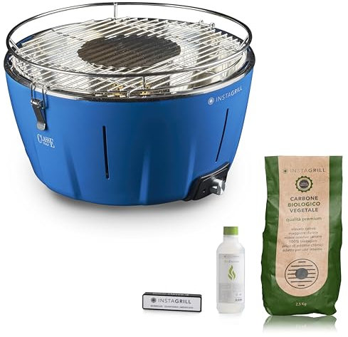 InstaGrill | Barbacoa de carbón sin humo, mesa de balcón, portátil, incluye batería recargable, carbón y gel para encendido, en solo 5 minutos, parrilla de camping