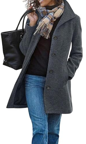 utcoco Women's Casual Thicken Single Breasted Pea Coat Stand Collar Mid Long Wool Coats with Pockets, Grey, X-Large