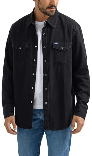 Wrangler Herr Denim Kollektion Snap-Skjorta, Svart Denim, L Lång