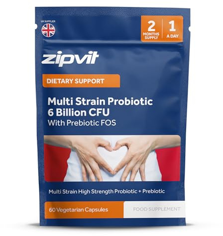 Zipvit Probiotic 6 Billion CFU with Prebiotic, Multi Strain Probiotics with 5 Strains Including Lactobacillus Acidophilus, 60 Vegetarian Capsules for Women & Men, 2 Month Supply, Pouch