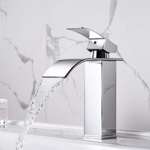 XWIHTR Grifo de baño de cascada, grifo de lavabo, grifo de lavabo de un mango; salida de agua caliente y fría, silencioso, grifo de baño de latón con acabado en acero inoxidable (cromo)
