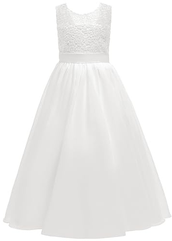 Elegante vestido de niña de flores, encaje y tul, longitud hasta el suelo, una línea de vestidos de fiesta para niñas, Blanco, 12-13 años