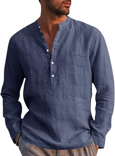 Runcati Camisa de lino para hombre, manga larga, algodón, lino, camisa de ocio, corte regular, para playa, verano, azul oscuro, M